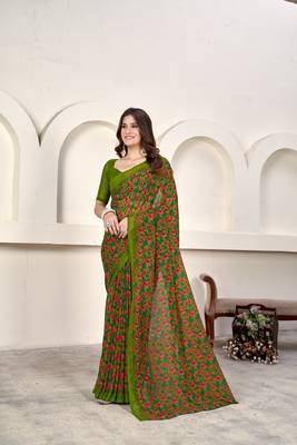 Print Work Weight Less Trendy Saree In Green 1