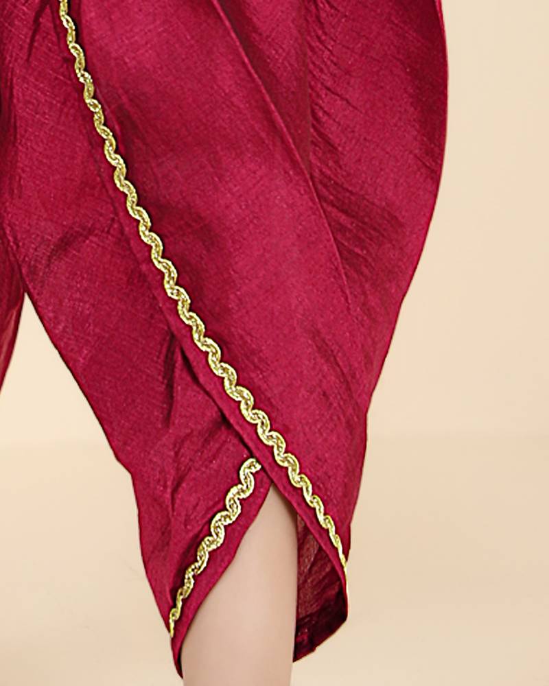 Kids farm girls maroon sleeveless silk floral printed & lace embellished crop top & dhoti set