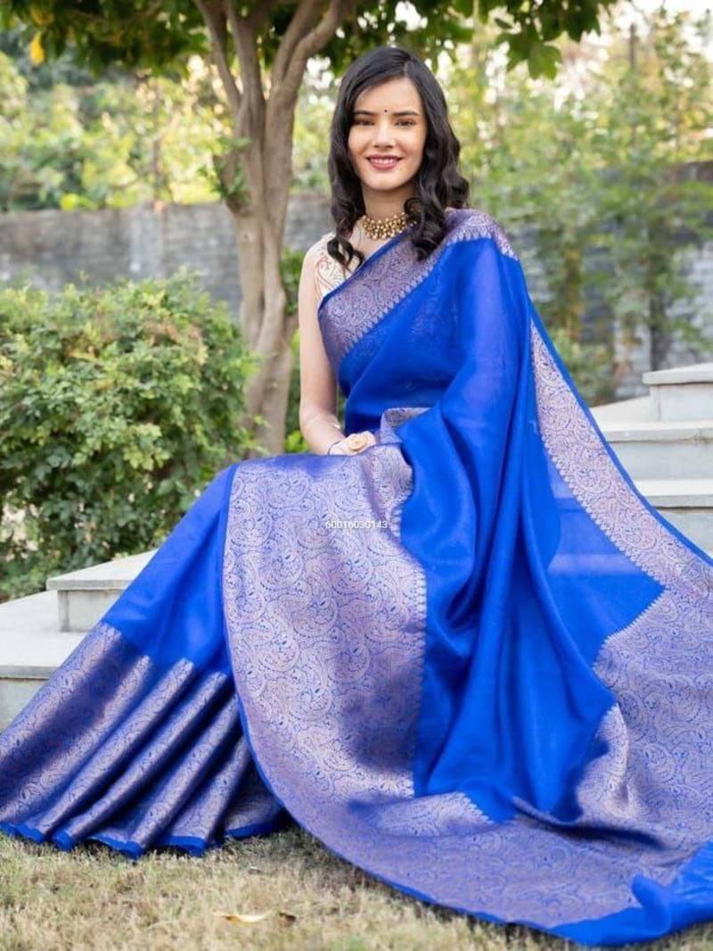 Atractive Color:blue blue color Soft Lichi Silk Jacquard fabric with Attractive Design saree ...