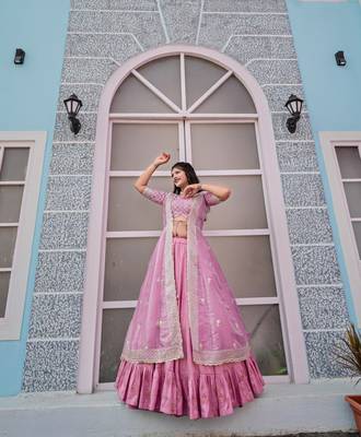 pink color ready to wear joya silk lehanga blouse with shrug  6