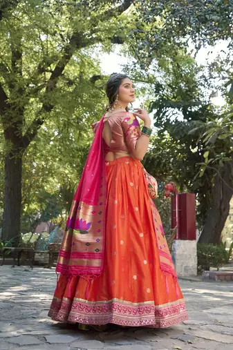 Women Jacquard Silk Paithani Design With Weaving Zari Work Lehenga Choli 