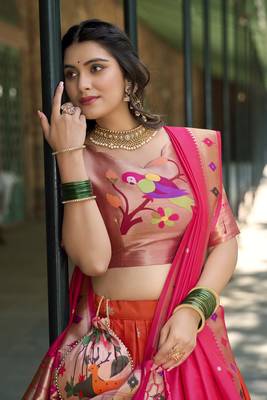 Women Jacquard Silk Paithani Design With Weaving Zari Work Lehenga Choli  3