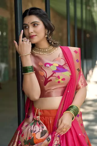 Women Jacquard Silk Paithani Design With Weaving Zari Work Lehenga Choli 