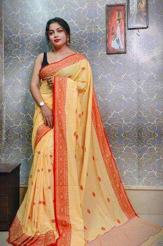Exclusive Yellow Khadi Cotton Handloom Saree With Blouse Piece