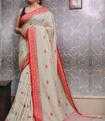 Exclusive Light Beige Khadi Cotton Handloom Saree With Blouse Piece