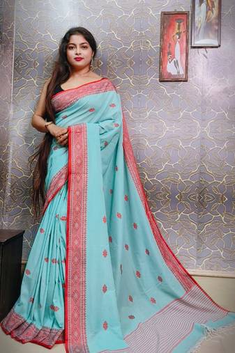 Exclusive Teal Khadi Cotton Handloom Saree With Blouse Piece