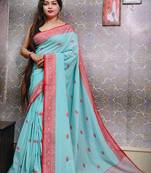 Exclusive Teal Khadi Cotton Handloom Saree With Blouse Piece