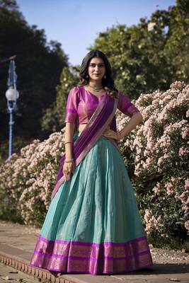 Purple and Blue Kanchipuram Silk Zari Woven Lehenga 1