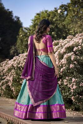 Purple and Blue Kanchipuram Silk Zari Woven Lehenga 3