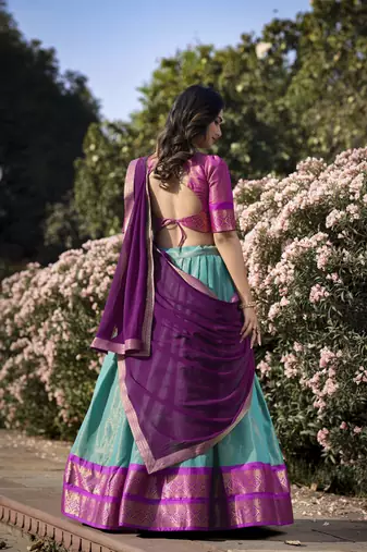 Purple and Blue Kanchipuram Silk Zari Woven Lehenga