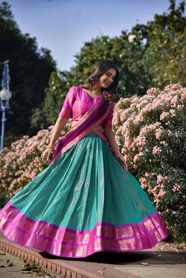 Purple and Blue Kanchipuram Silk Zari Woven Lehenga 4