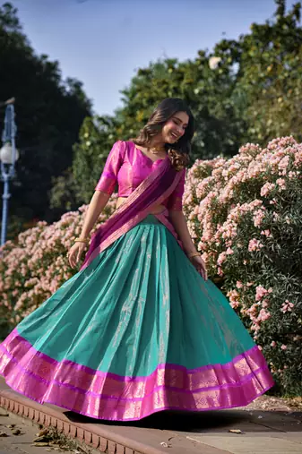 Purple and Blue Kanchipuram Silk Zari Woven Lehenga