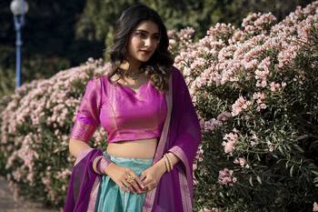 Purple and Blue Kanchipuram Silk Zari Woven Lehenga 5