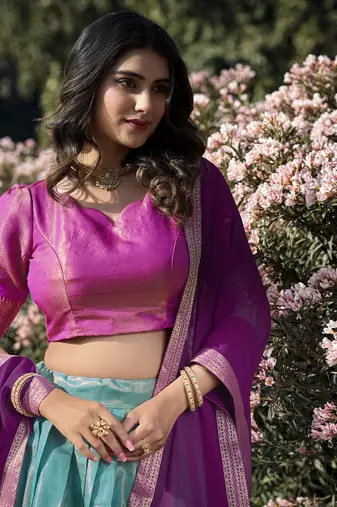 Purple and Blue Kanchipuram Silk Zari Woven Lehenga