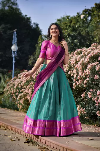 Purple and Blue Kanchipuram Silk Zari Woven Lehenga