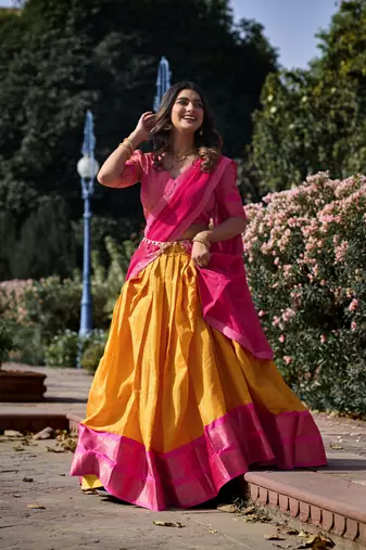 Women Kanchipuram With Weaving Zari Work Lehenga Choli 