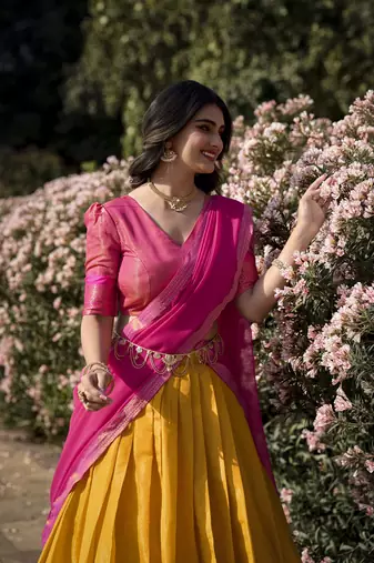 Women Kanchipuram With Weaving Zari Work Lehenga Choli 