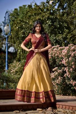 Cream and Brown Kanchipuram Silk  Zari Work Lehenga Choli  1