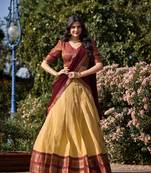 Cream and Brown Kanchipuram Silk  Zari Work Lehenga Choli
