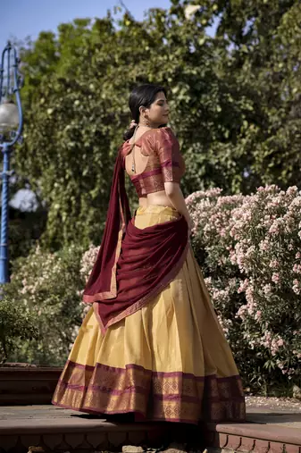 Cream and Brown Kanchipuram Silk  Zari Work Lehenga Choli 