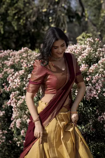 Cream and Brown Kanchipuram Silk  Zari Work Lehenga Choli 