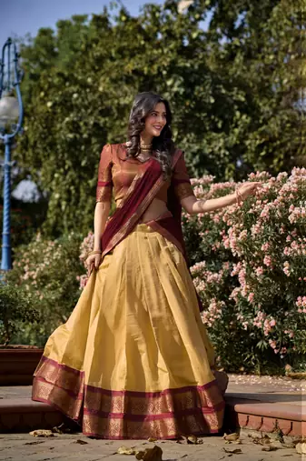 Cream and Brown Kanchipuram Silk  Zari Work Lehenga Choli 