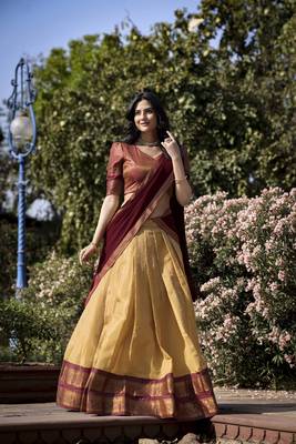 Cream and Brown Kanchipuram Silk  Zari Work Lehenga Choli  6