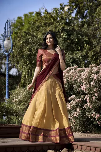 Cream and Brown Kanchipuram Silk  Zari Work Lehenga Choli 