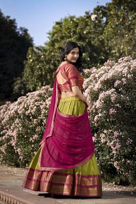 Parrot Green Kanchipuram Silk Zari Woven Lehenga with Pink Zari Blouse and Lace Georgette Dupatta 3