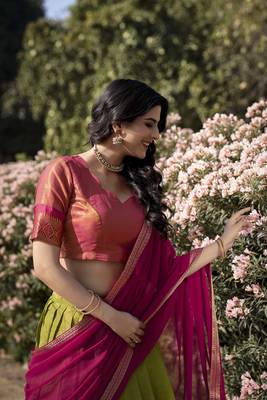 Parrot Green Kanchipuram Silk Zari Woven Lehenga with Pink Zari Blouse and Lace Georgette Dupatta 4