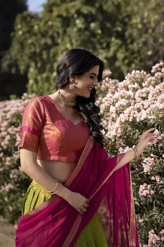 Parrot Green Kanchipuram Silk Zari Woven Lehenga with Pink Zari Blouse and Lace Georgette Dupatta
