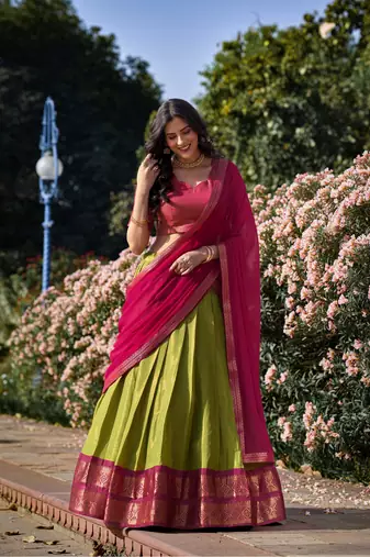 Parrot Green Kanchipuram Silk Zari Woven Lehenga with Pink Zari Blouse and Lace Georgette Dupatta