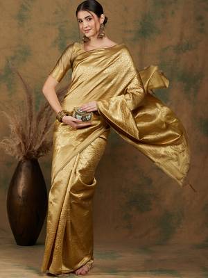 Golden Banarasi-Style Art Silk Saree with Blouse 3