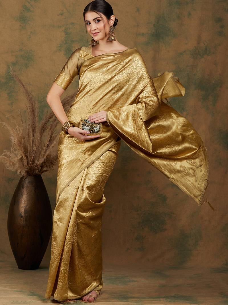Golden Banarasi-Style Art Silk Saree with Blouse