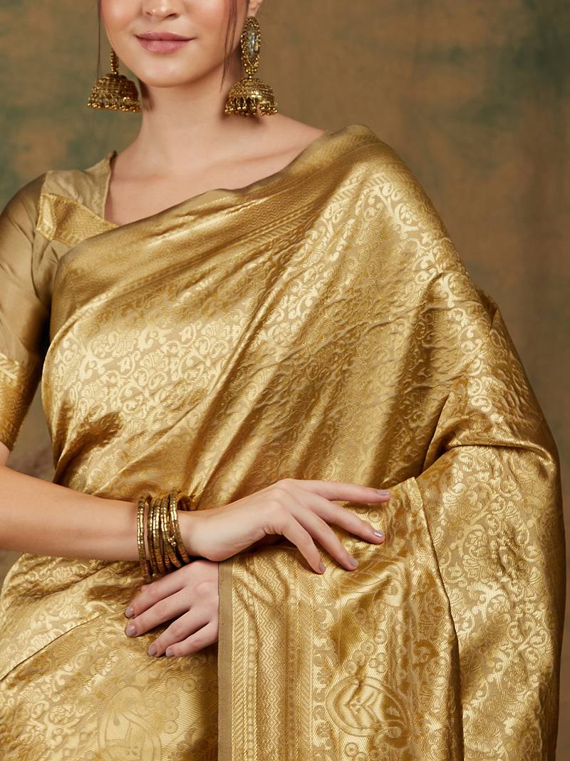 Golden Banarasi-Style Art Silk Saree with Blouse
