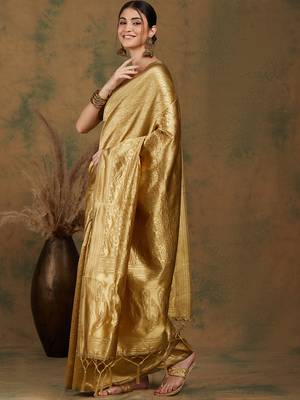 Golden Banarasi-Style Art Silk Saree with Blouse 5