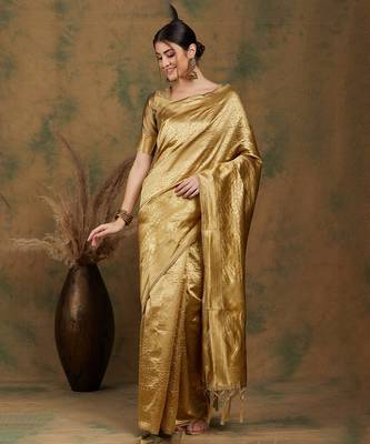 Golden Banarasi-Style Art Silk Saree with Blouse 6