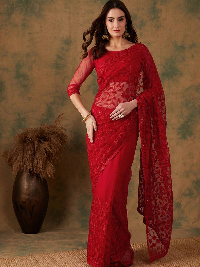 Red Net Floral Embroidered Saree with Blouse