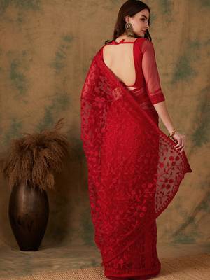 Red Net Floral Embroidered Saree with Blouse 4