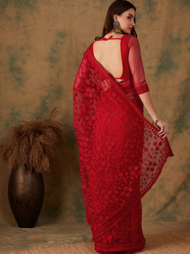Red Net Floral Embroidered Saree with Blouse