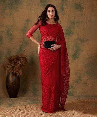 Red Net Floral Embroidered Saree with Blouse 1