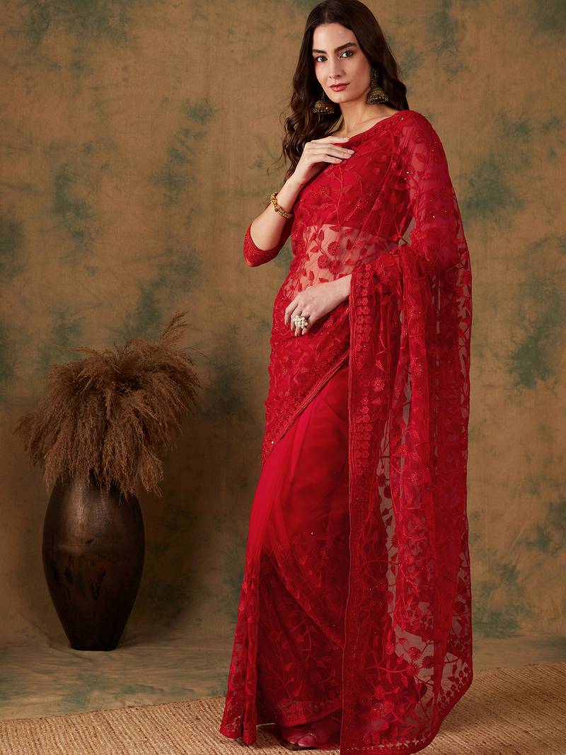 Red Net Floral Embroidered Saree with Blouse