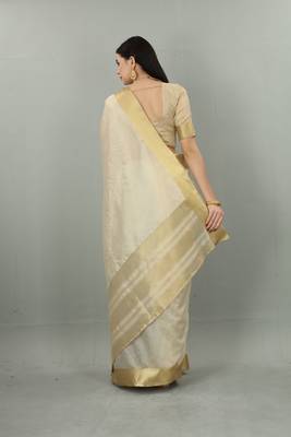 Cream White Cotton Silk Kerala Kasavu Saree with Unstitched Blouse 3