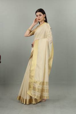 Cream White Cotton Silk Kerala Kasavu Saree with Unstitched Blouse 4
