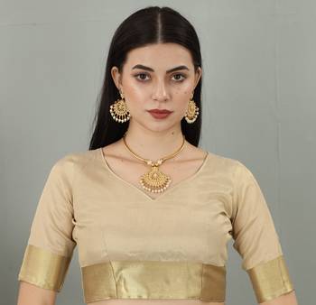 Cream White Cotton Silk Kerala Kasavu Saree with Unstitched Blouse 5