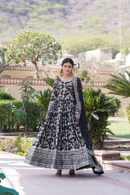 Black Viscose Jacquard  Gown With Dupatta 1