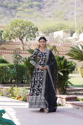 Black Viscose Jacquard  Gown With Dupatta 5