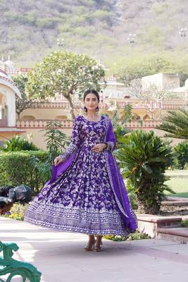 Purple Viscose Jacquard Gown With Dupatta 3