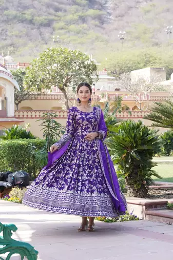 Purple Viscose Jacquard Gown With Dupatta