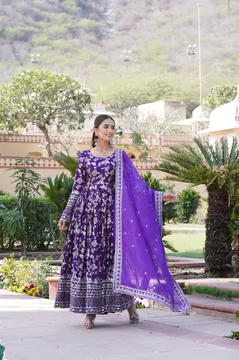 Purple Viscose Jacquard Gown With Dupatta